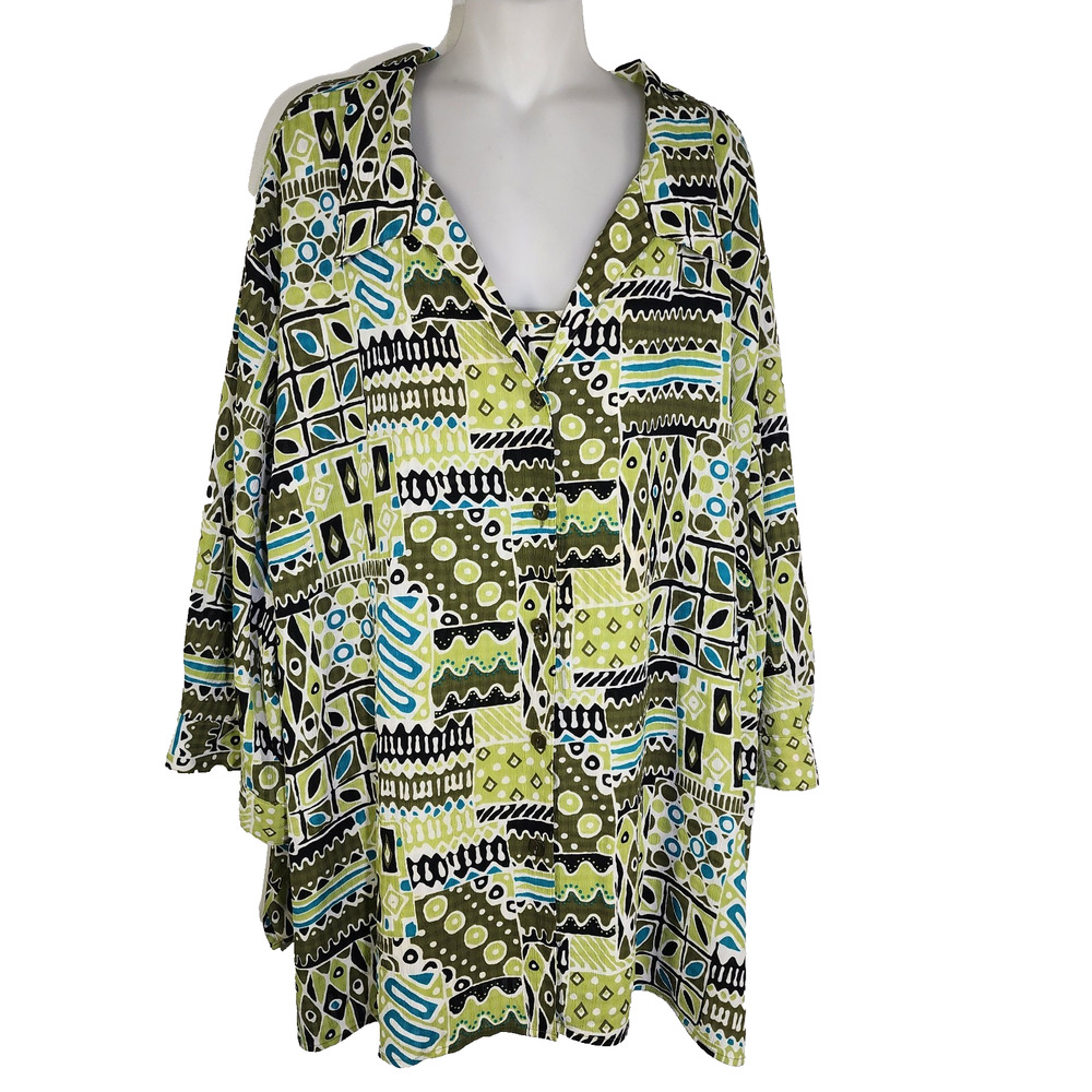 Maggie Barnes Womens Top 5X 34/36W Green Geometric 2 Fer Button Up 3/4 Sleeve